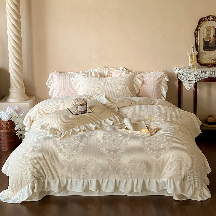 Ruffled quilted bedding set with jacquard medallion and ruffle