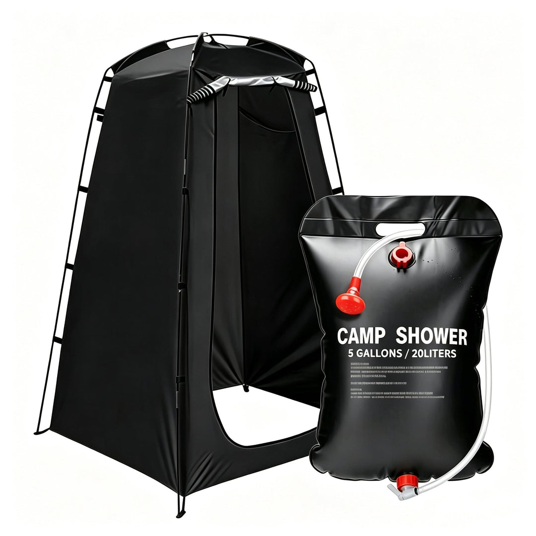 Portable camping shower privacy tent with five gallon solar shower bag and pop up foldable pole system Kalsten