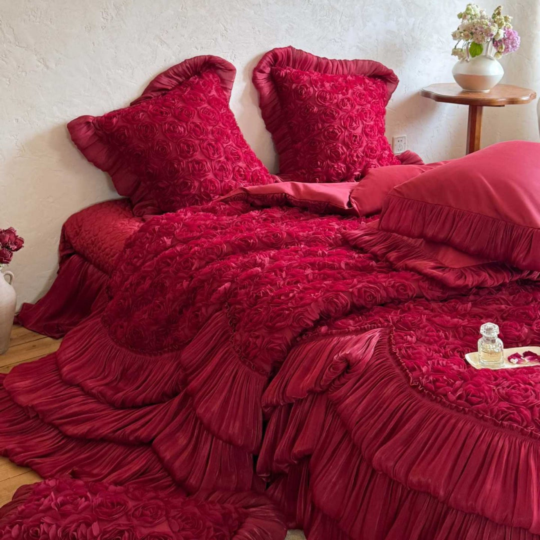 Romantic quilted bedspread with 3D rose appliqué, pleated frills and pillowcases