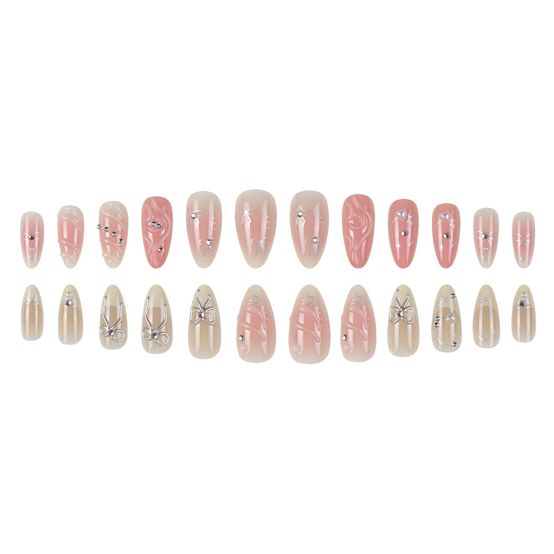 Artistic Press-On Nail Set with Rhinestone and Bow Accents Kalsten