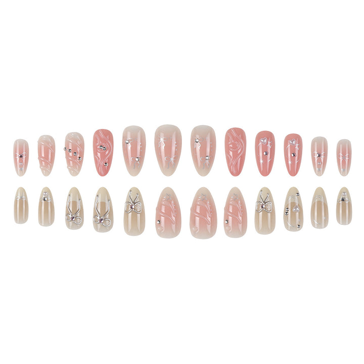 Artistic Press-On Nail Set with Rhinestone and Bow Accents Kalsten