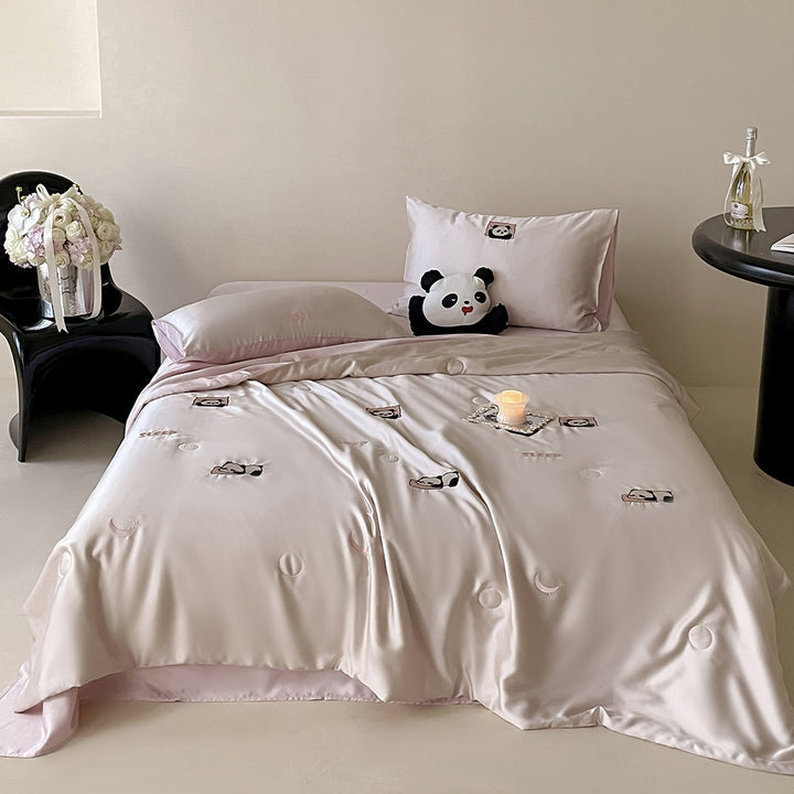 Silky shiny satin bedding set with cute panda embroidery
