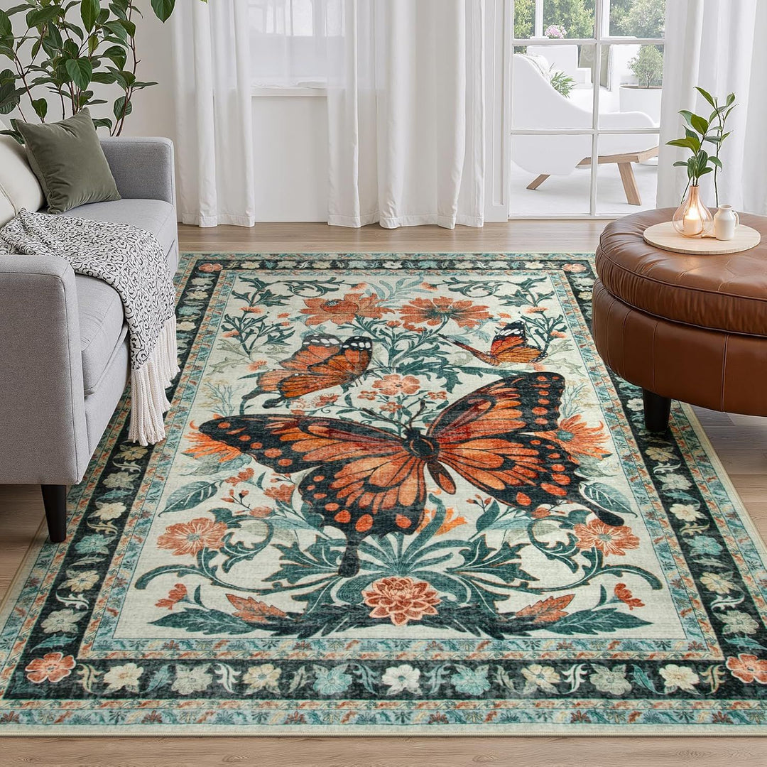 Ornate Butterfly Floral Area Rug