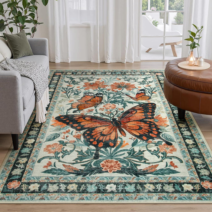 Ornate Butterfly Floral Area Rug