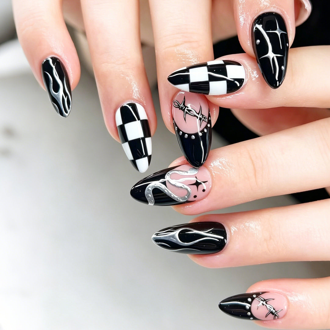 Artistic Stiletto Press-On Nail Art Set with Checkerboard and Flames Kalsten