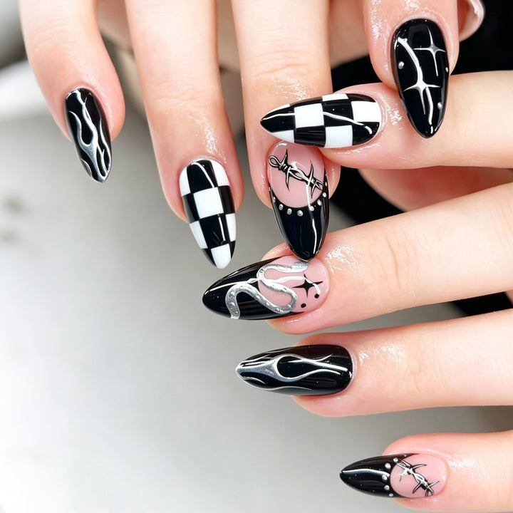 Artistic Stiletto Press-On Nail Art Set with Checkerboard and Flames Kalsten