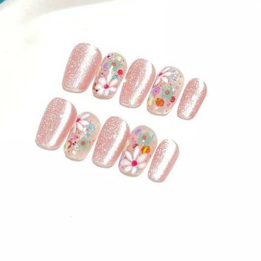 Floral and Glitter Decorative Press-On Nail Set