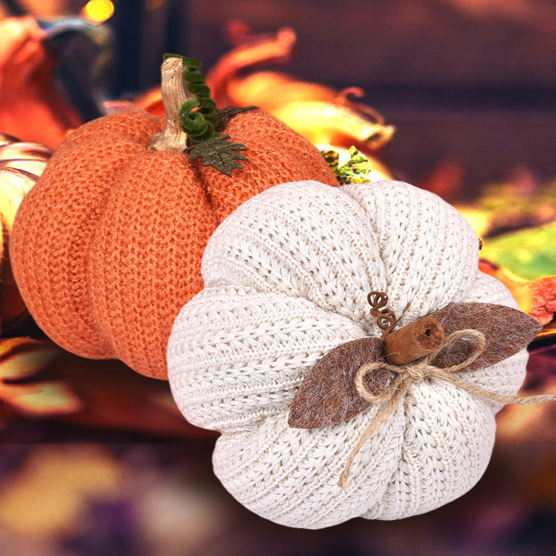 Handcrafted knitted decorative pumpkin as autumn table decoration