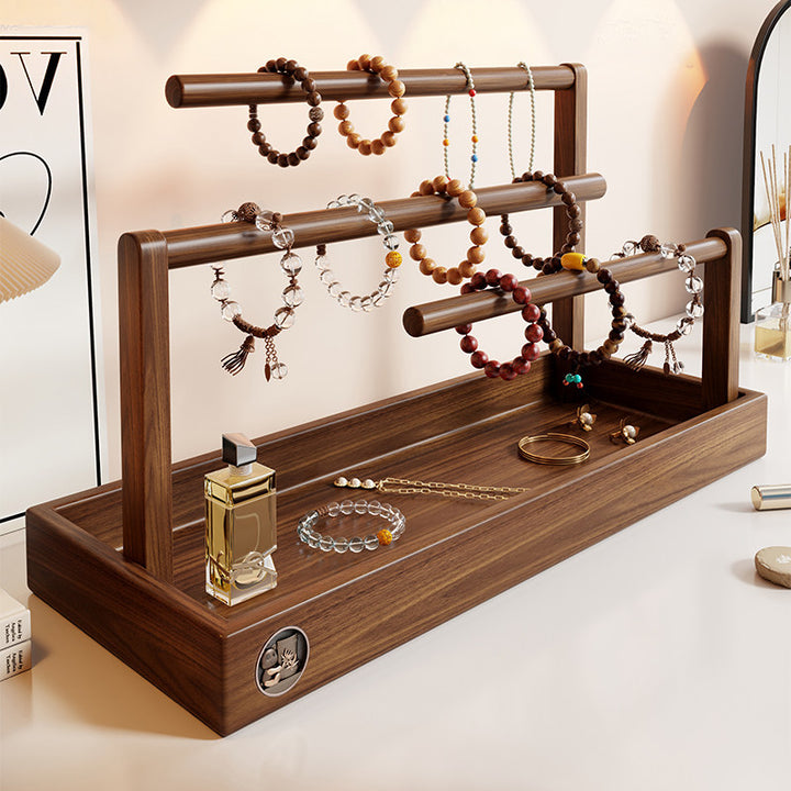 Wooden Tiered Jewelry Display Stand with Triple Rods and Catchall Tray