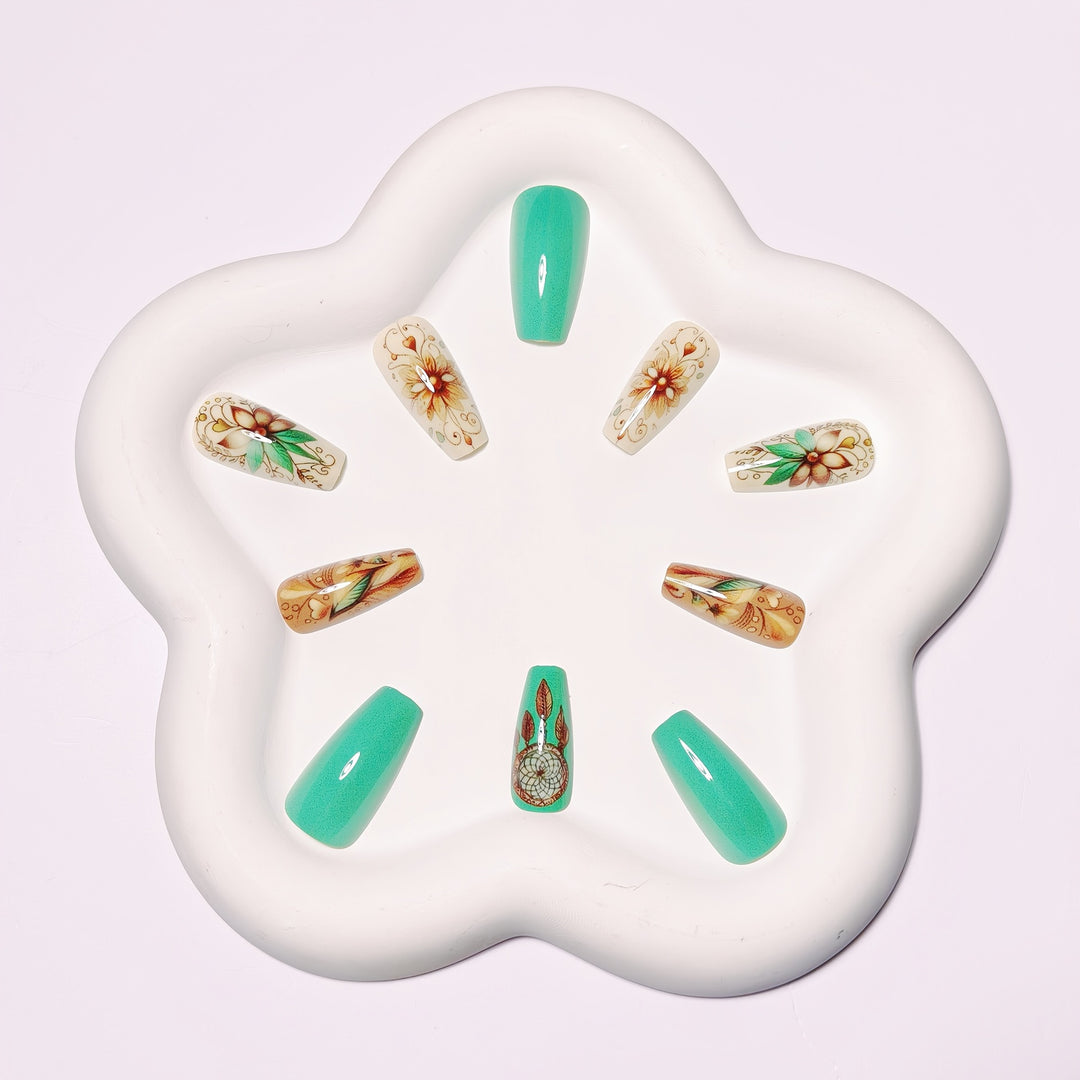 Creative artificial nails with floral and dreamcatcher design elements Kalsten
