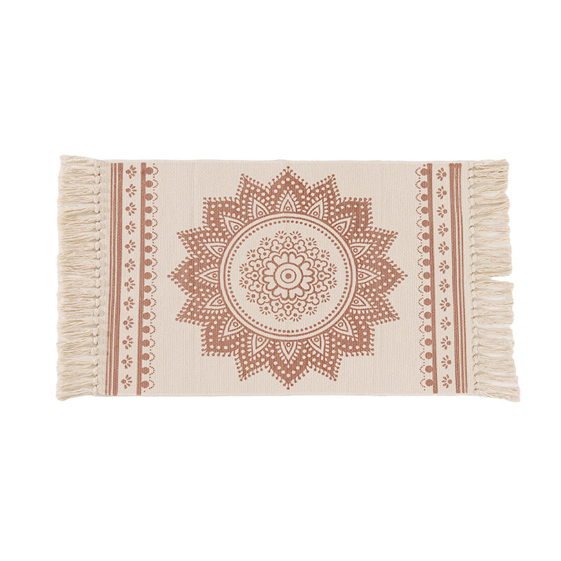 Handwoven cotton table runner with mandala jacquard and decorative fringes