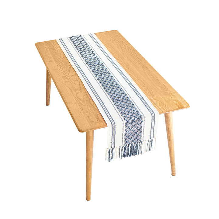 Handwoven cotton table runner with ethnic diamond pattern and fringes Kalsten