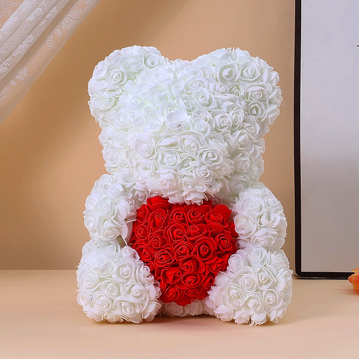 Foam Rose Teddy Bear Gift Sculpture With Satin Ribbon Bow