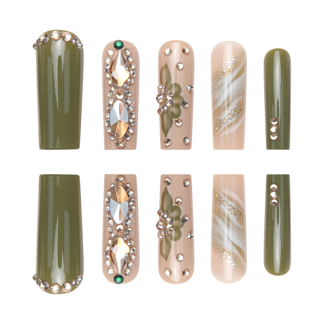 Decorative Floral Press-On Nails with Gem Accents Kalsten