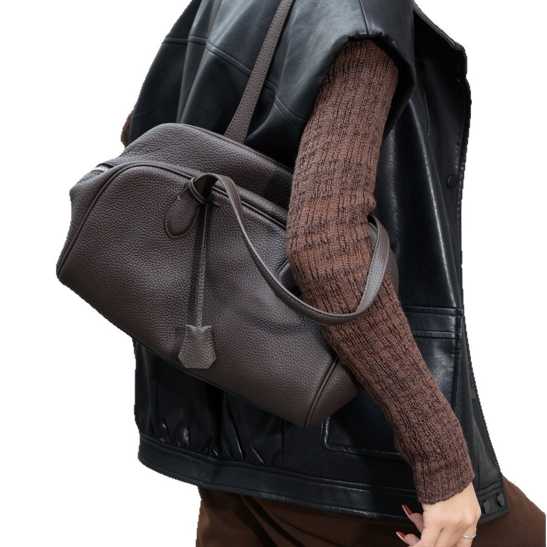 Pebbled Leather Barrel Top-Handle Satchel with Dual Shoulder Straps