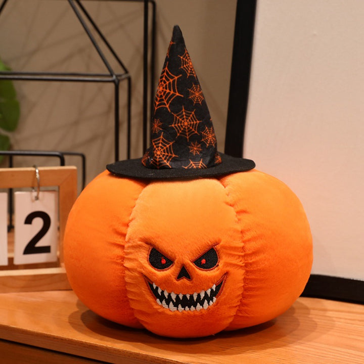 Plush pumpkin decoration figure with witch hat and embroidered spooky face