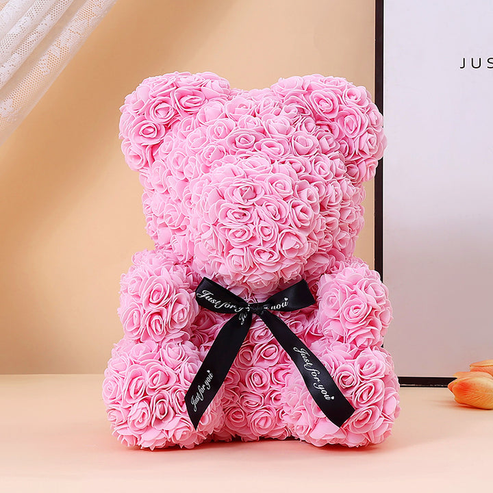 Foam Rose Teddy Bear Gift Sculpture With Satin Ribbon Bow
