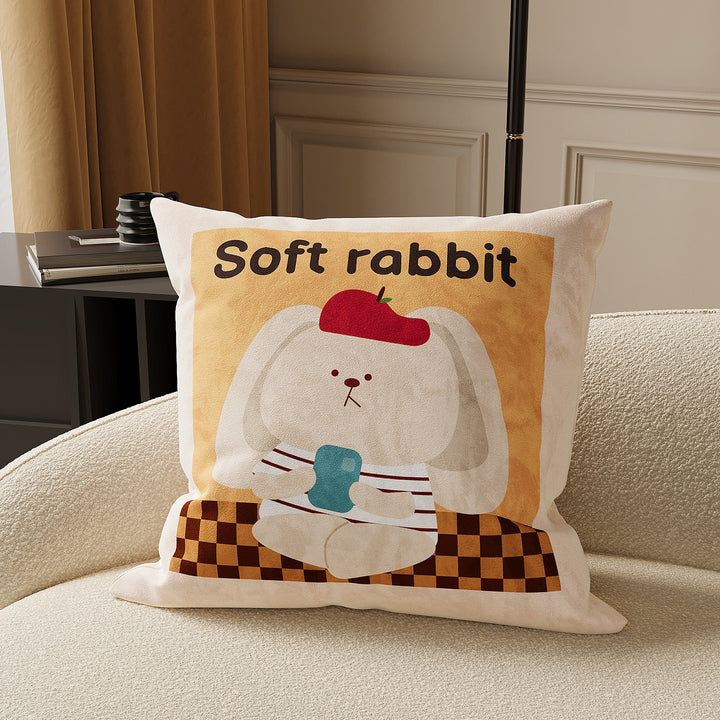 Decorative Striped Cotton-Linen Throw Pillow Cover with Playful Black Cat Motif