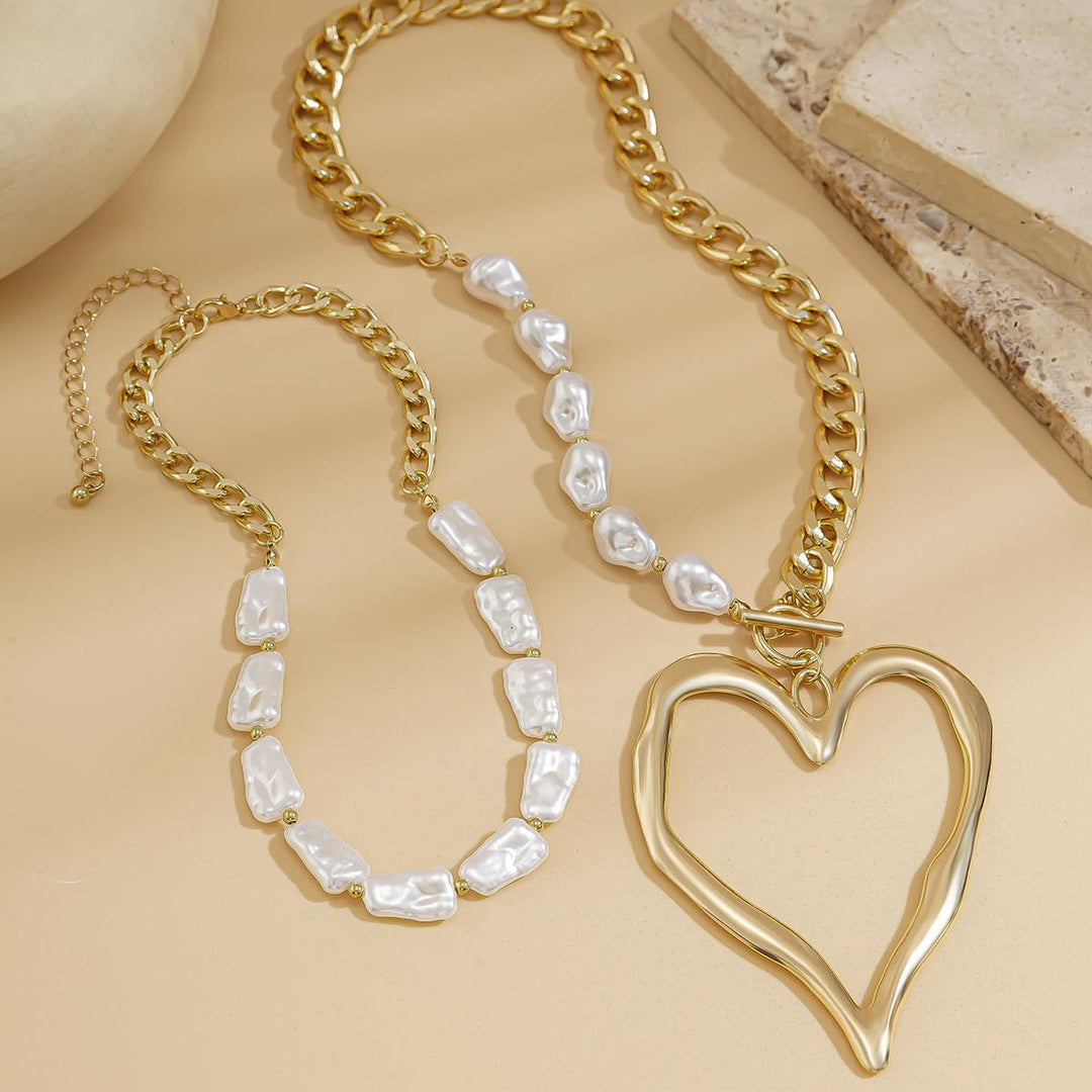 Statet Heart and Pearl Chain Necklace Kalsten