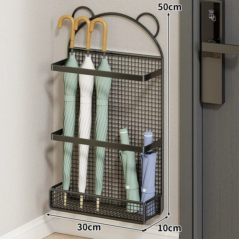 Wall-Mounted Slim Vertical Umbrella & Folding Umbrella Holder with Drip Tray