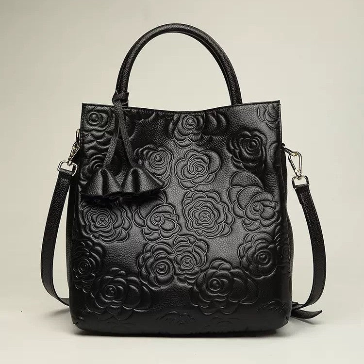 Embossed Floral Leather Tote Bag with Detachable Strap