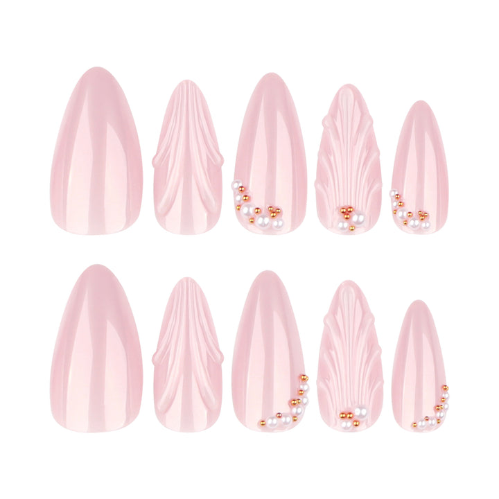 Elegant stiletto nails with shimmer design and pearl decorations Kalsten