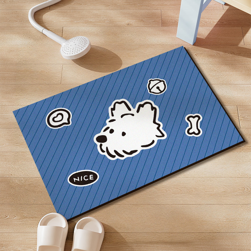 Plush Absorbent Non-Slip Bathroom Door Mat with Cartoon Stretching Cat and Paw Print