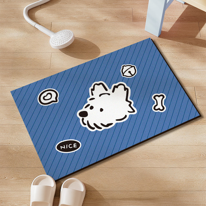 Plush Absorbent Non-Slip Bathroom Door Mat with Cartoon Stretching Cat and Paw Print