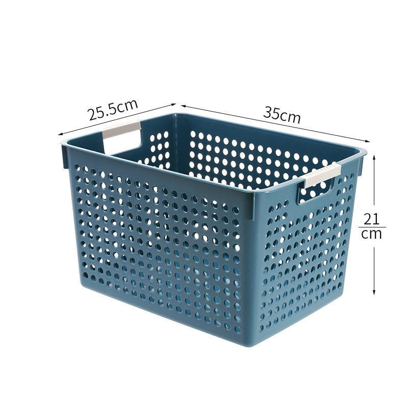Flat plastic storage box with perforated side wall and grip recesses