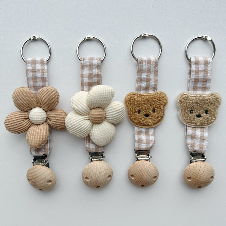 Cotton Gingham Strap Pacifier Clip with Padded Floral Comforter and Wooden Safety Clamp
