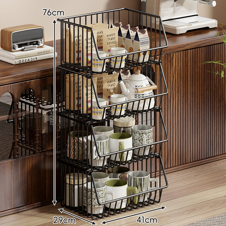 Four-Tier Tall Rolling Wire Pantry and Mug Storage Cart with Deep Slanted Baskets