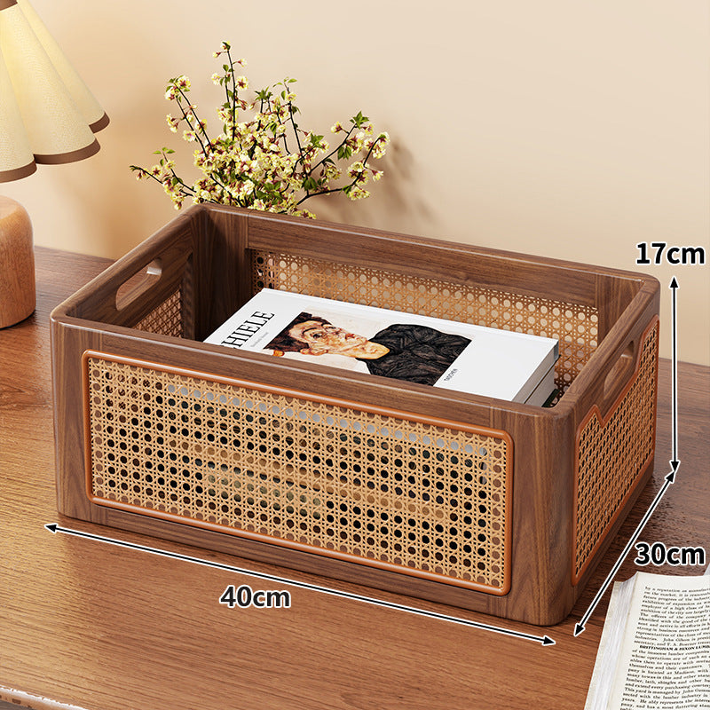 Rattan-Accent Solid Wood Desktop Storage Tray with Handles