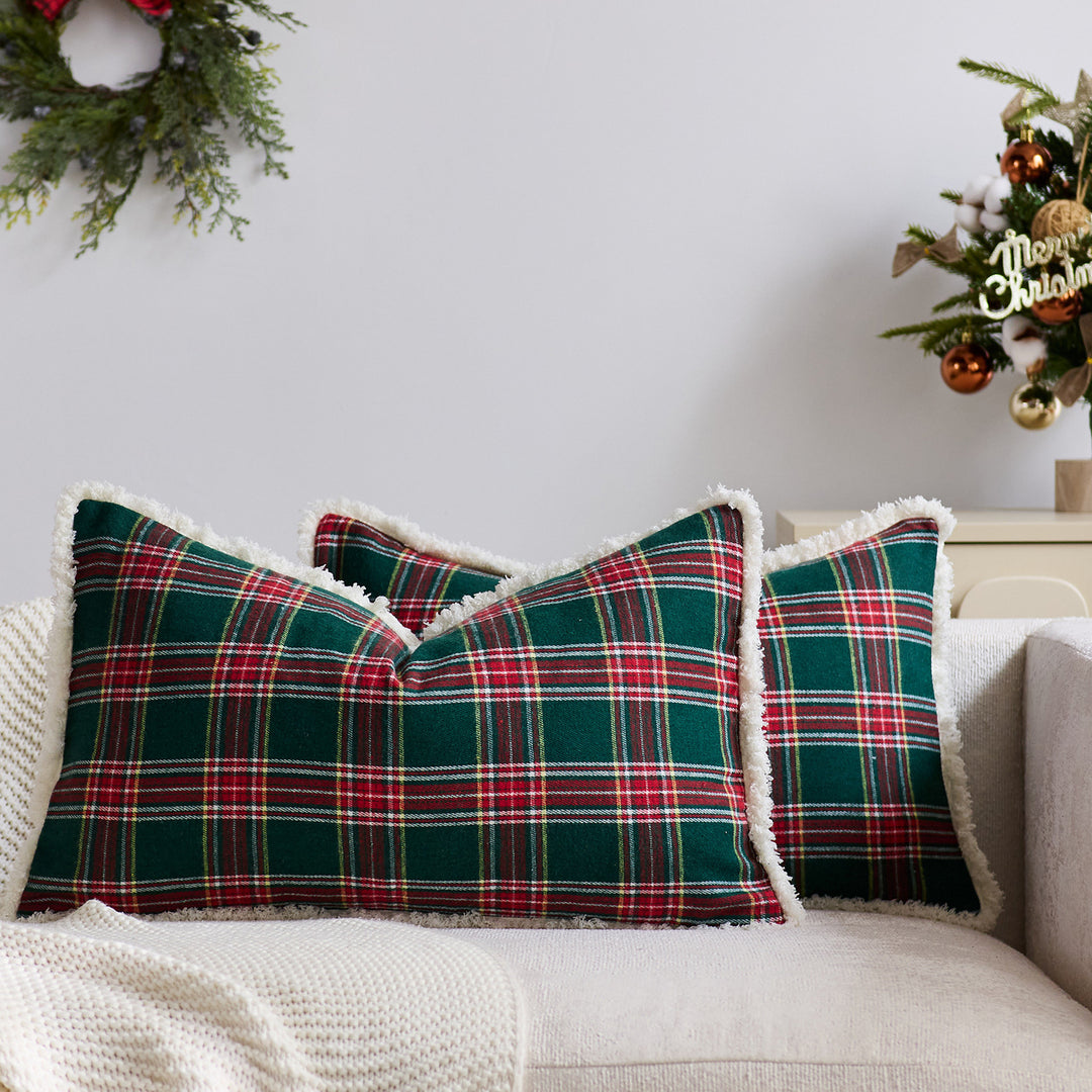 Plaid Sherpa-Trim Square Decorative Throw Pillow Cover