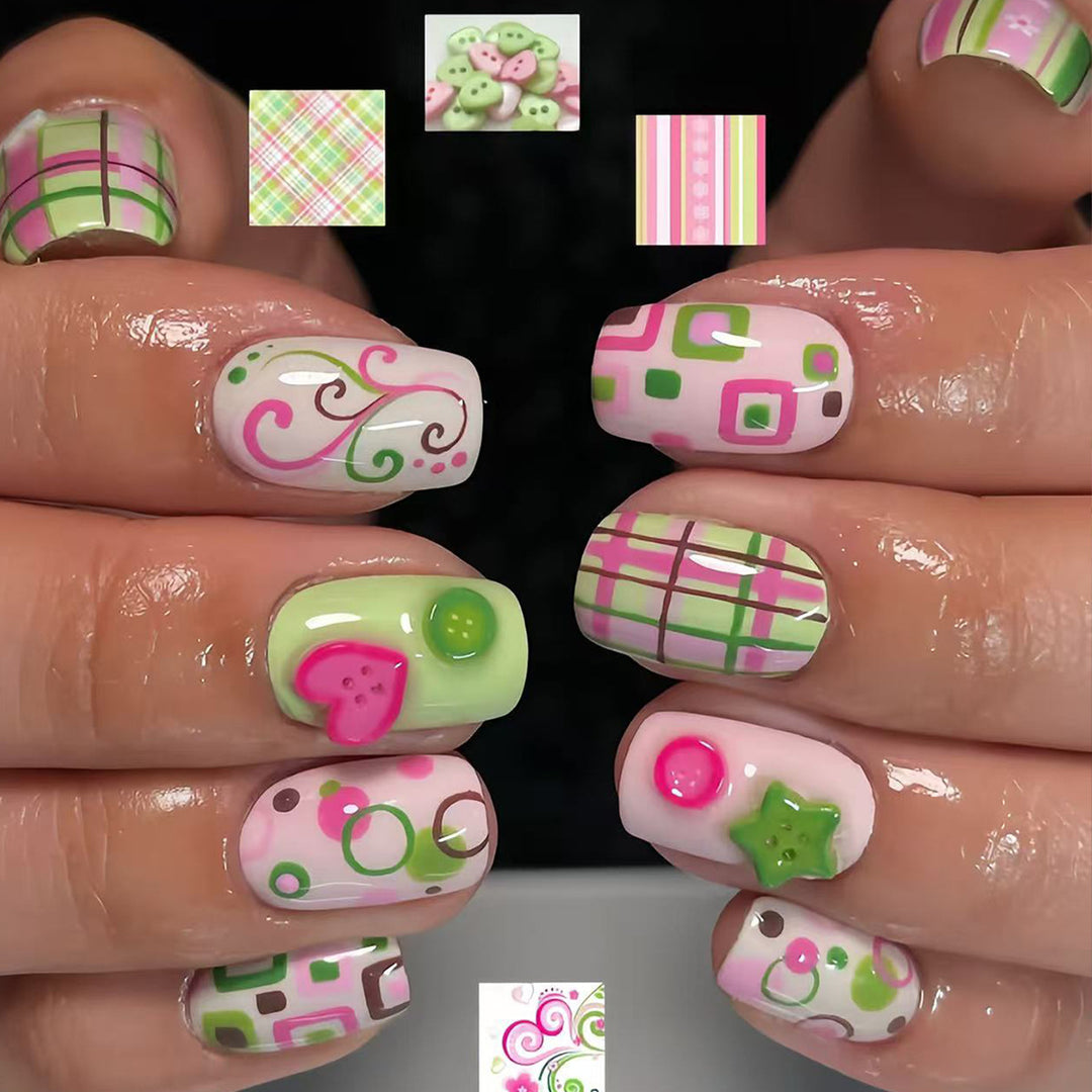 Artificial nails with playful geometric designs Kalsten