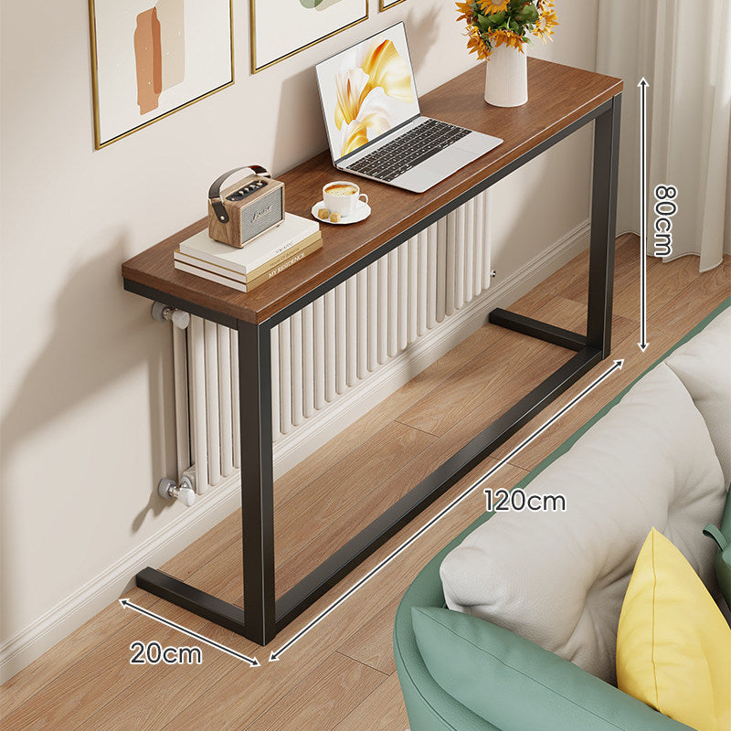 Slim Narrow Console Table with White Metal Frame and Wood-Grain Top