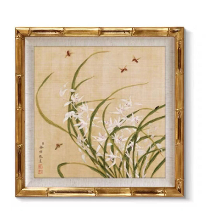 Framed Asian inspired flower bird artwork