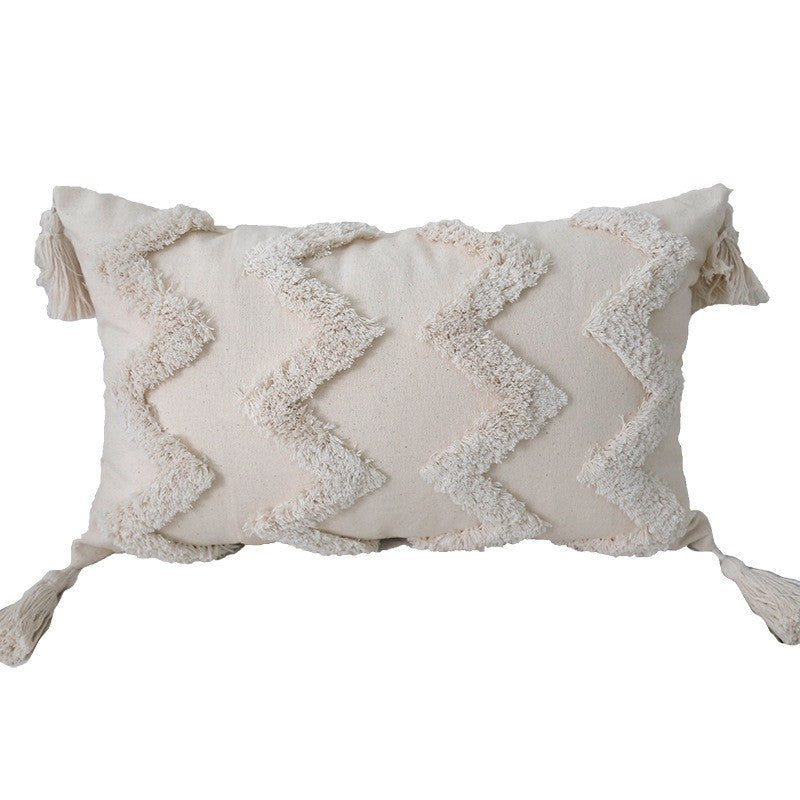 Bohemian Tufted Cotton Lumbar Throw Pillow with Clustered Fringe Texture and Corner Tassels