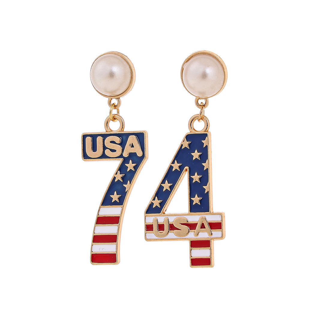 Ladies' eye-catching statement earrings with pearl stud and USA number pendant Kalsten