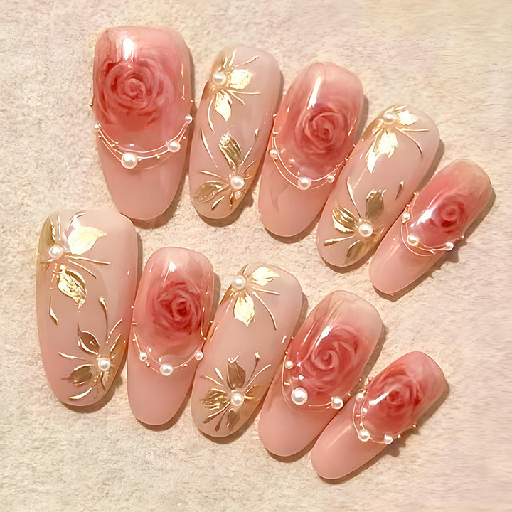 Artificial nail set with romantic rose designs and golden embellishments Kalsten