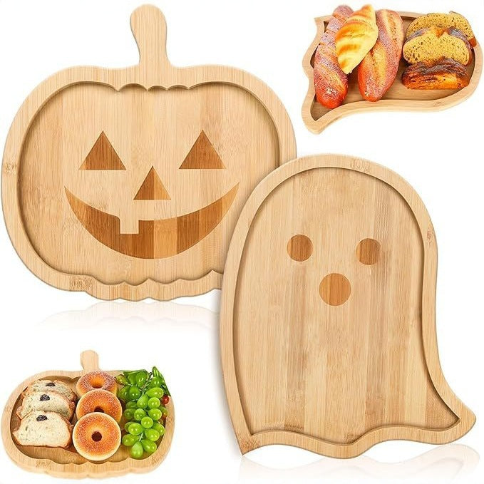 Halloween serving plates made of wood set with pumpkin and ghost shapes