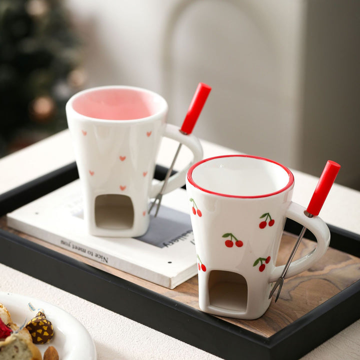 Ceramic mug with integrated tea strainer and silicone drinking straw