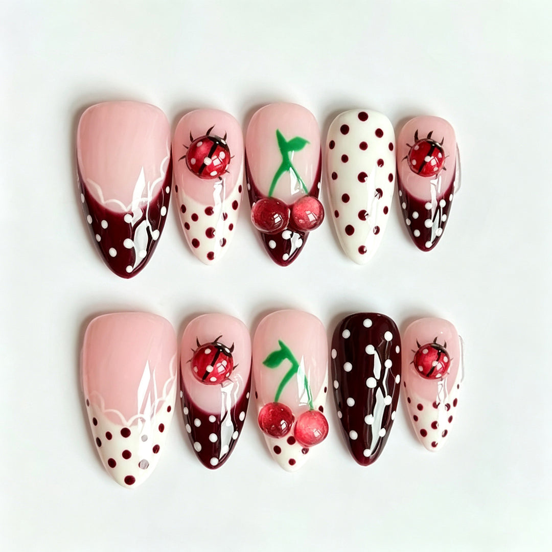 Artistic Ladybug and Cherry Press-On Nail Set