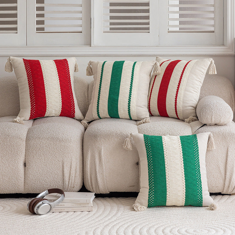 Handwoven Striped Tassel Lumbar Throw Pillow Cover with Hidden Zipper