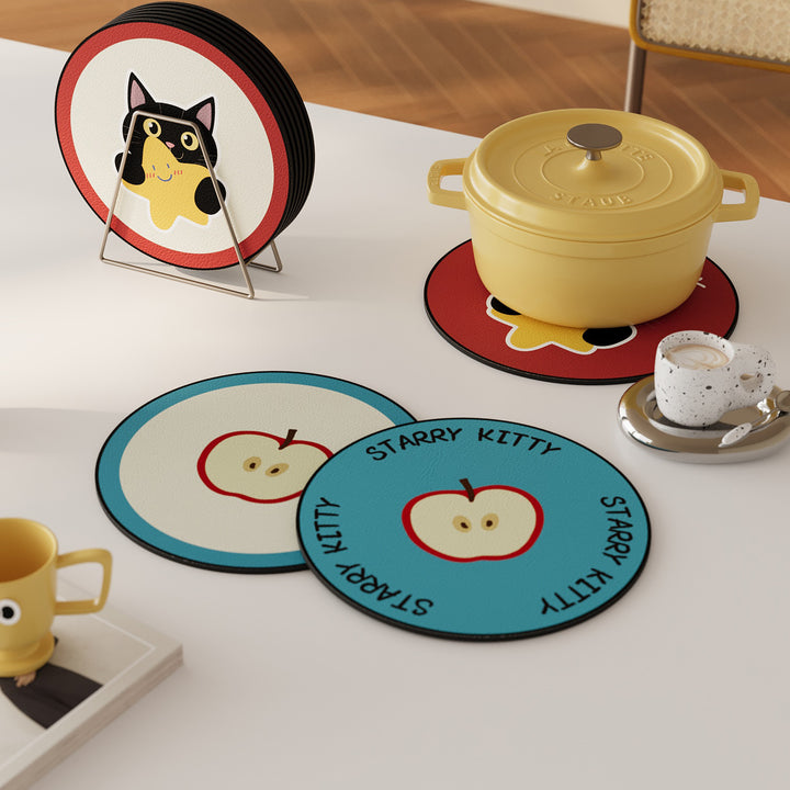Round Non-Slip PU Leather Drink Coaster with Cute Cat Holding Star Illustration