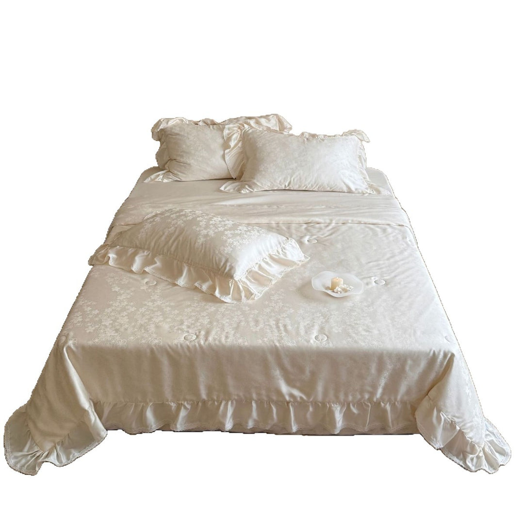Satin-Duvet cover set with delicate ruffles and tonal jacquard floral relief