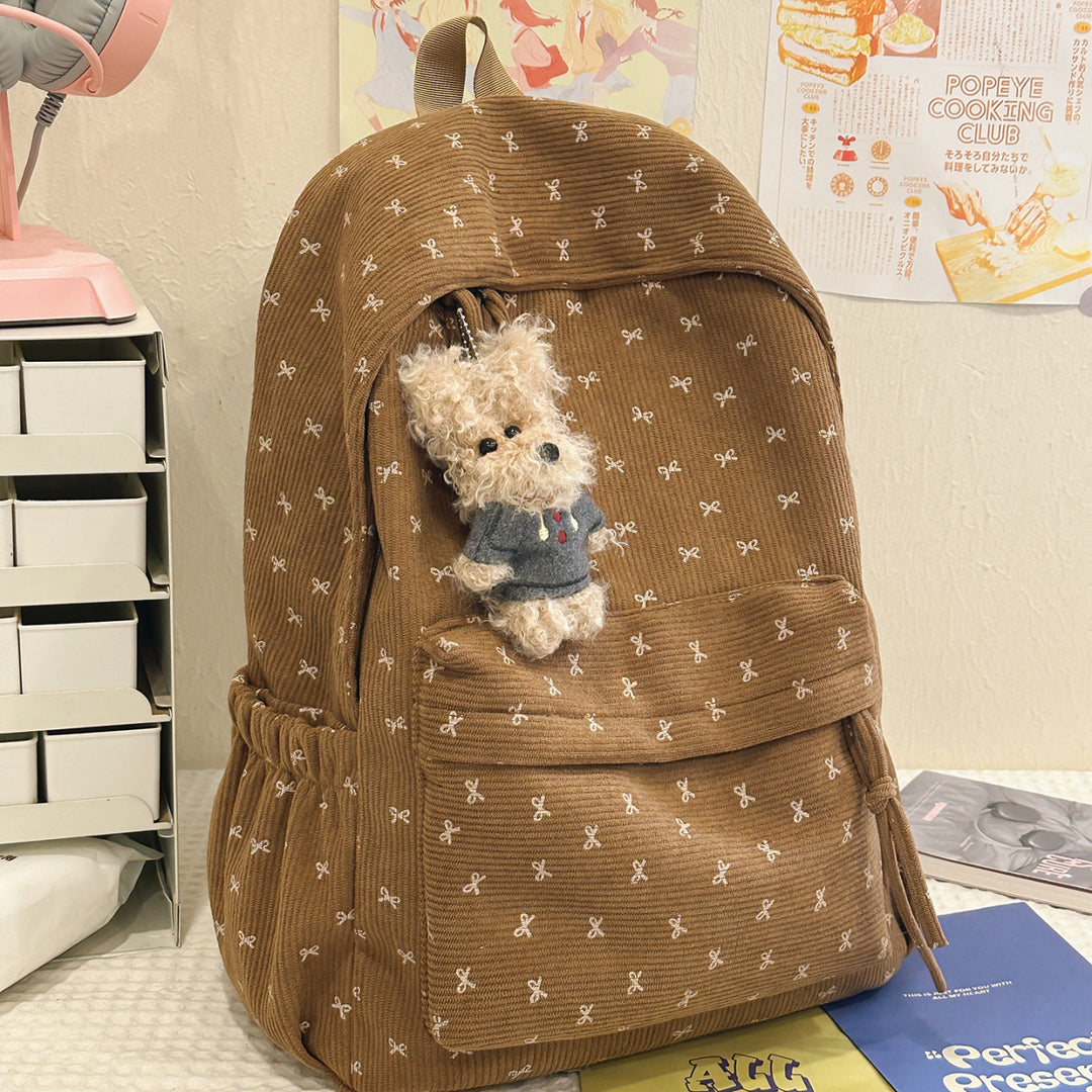 Charming Bow-Embellished Corduroy School Backpack