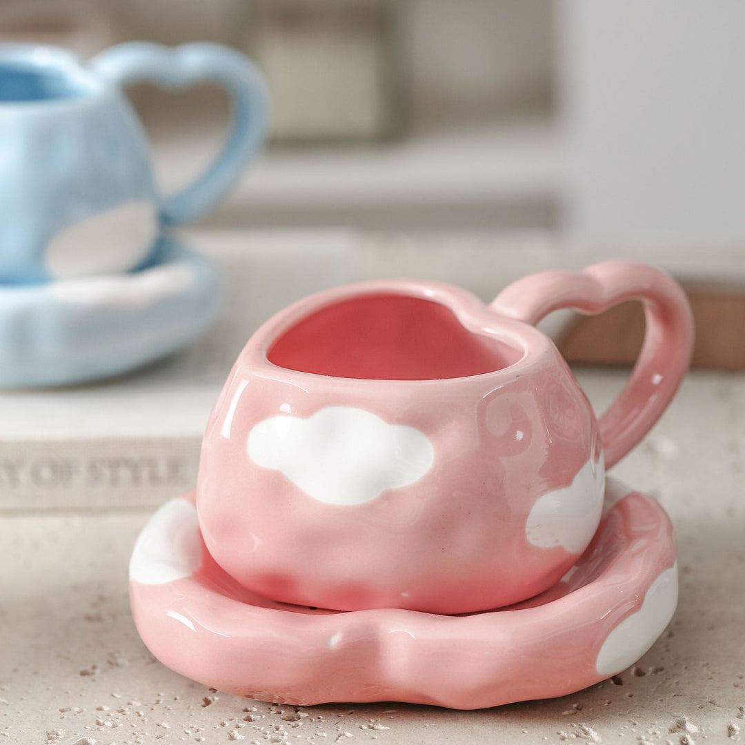 Playful ceramic heart cups with organic cloud saucer