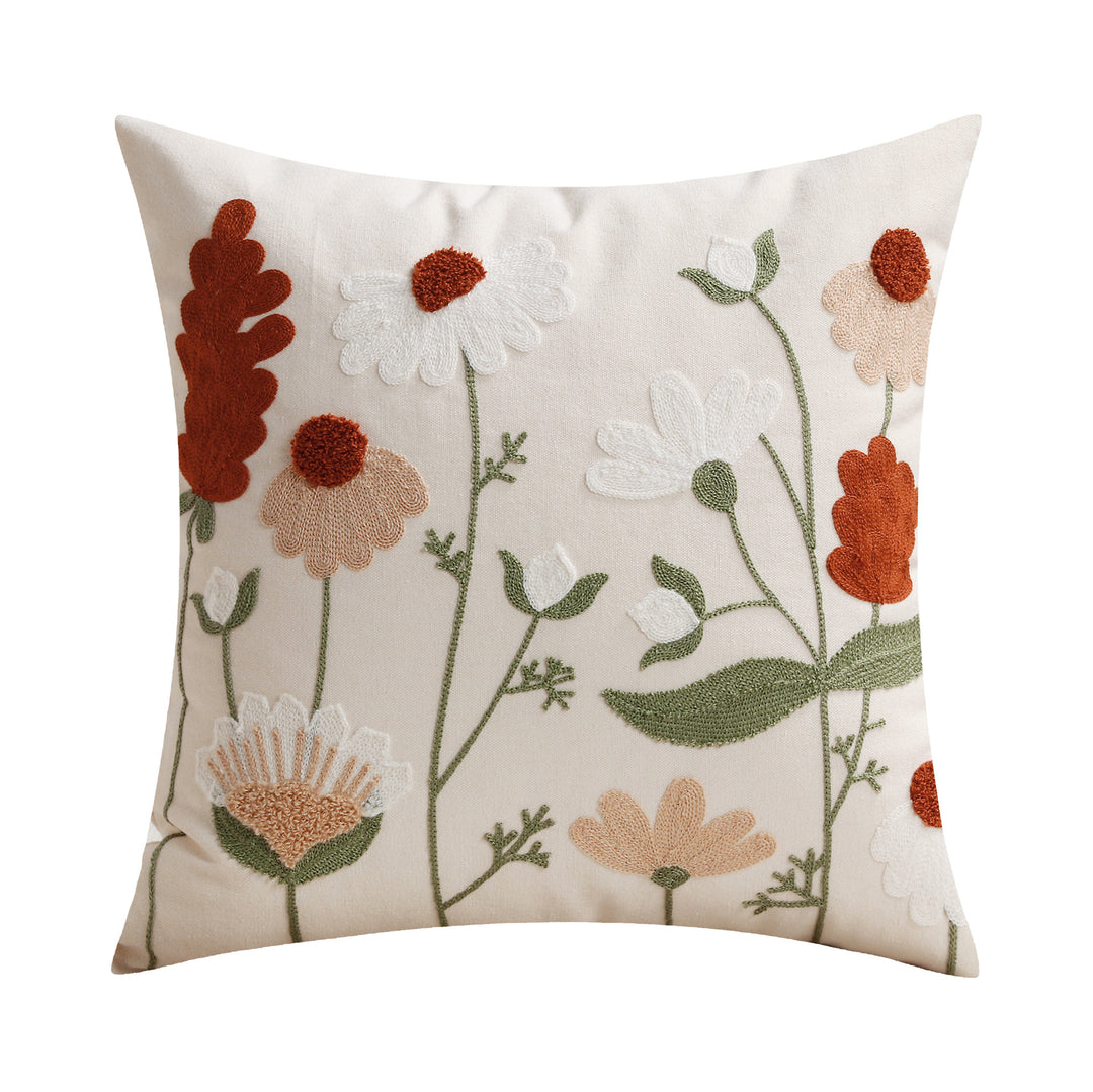 Decorative Square Embroidered Floral Tufted Linen Pillow Cover