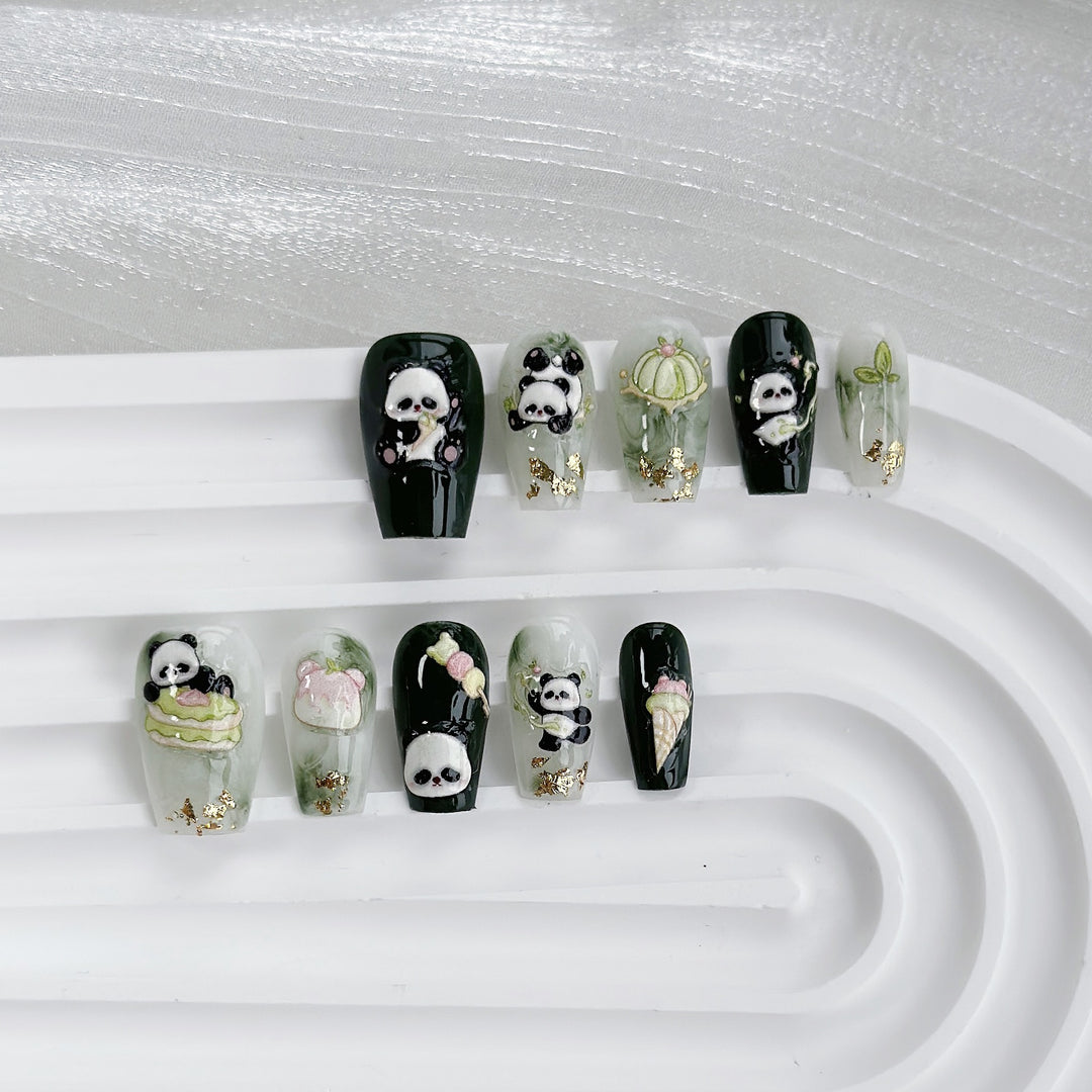 Artistic Press-On Nail Art Set with Cute Panda Designs
