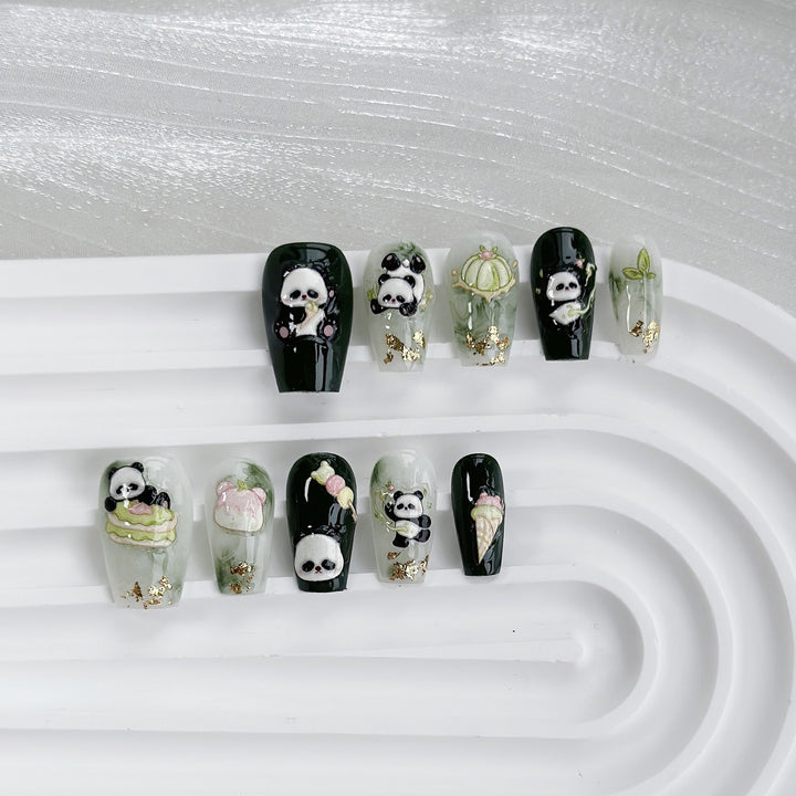 Artistic Press-On Nail Art Set with Cute Panda Designs